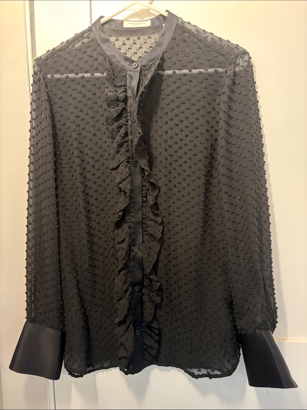 Equipment Black Swiss Dot Ruffle Button-Up Blouse